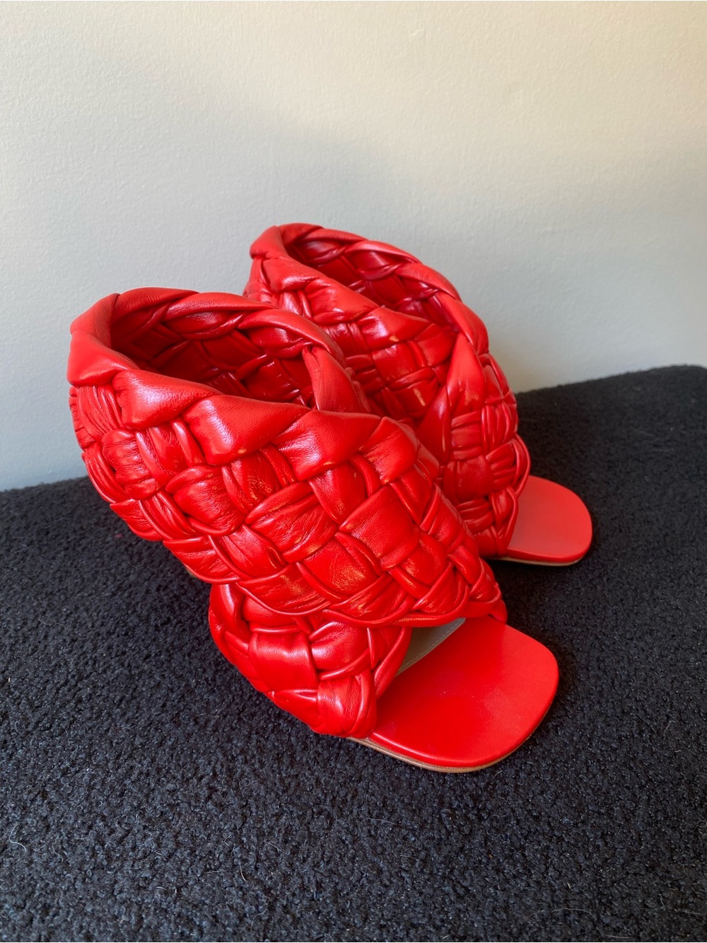 Bottega Veneta Intrecciato Board Heeled Sandals (Red/Nail Polish)